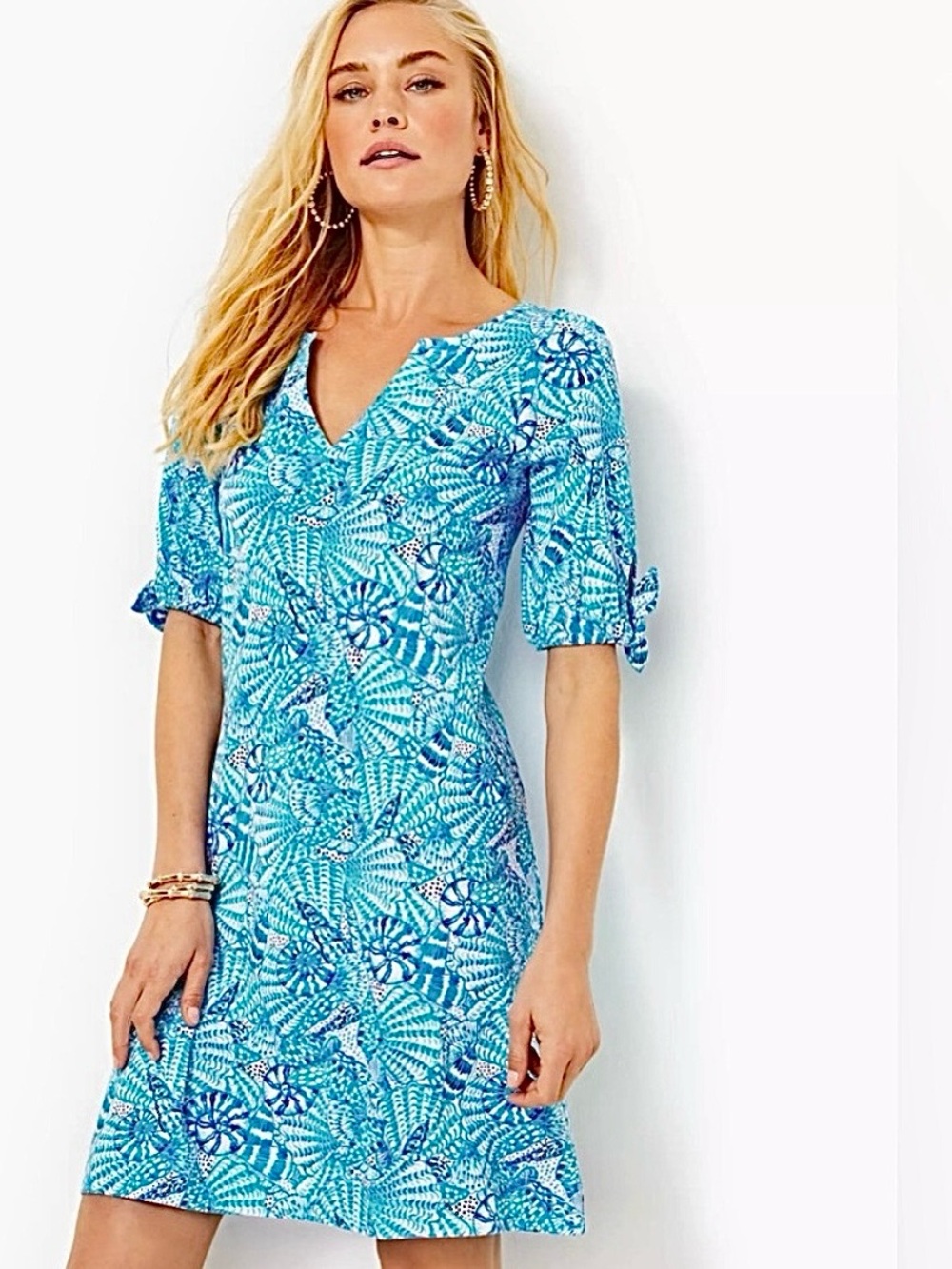 Lilly Pulitzer Shell Print Dress Preppy Beach Casual T Shirt Blue Dress